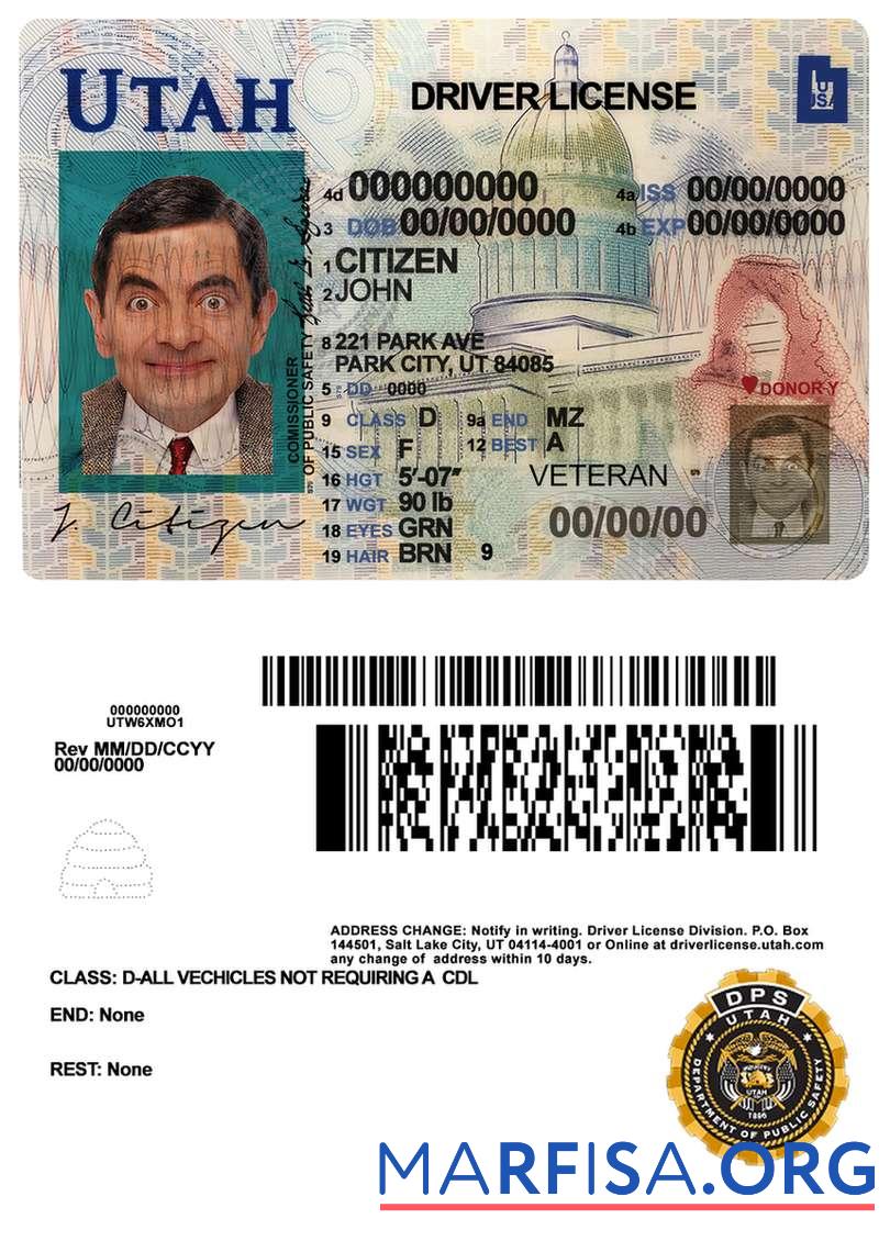 Downloadable USA Utah driving license sample